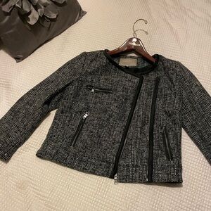 Banana Republic Petite Tweed Moto Jacket Size 4P Black White Zip Structured